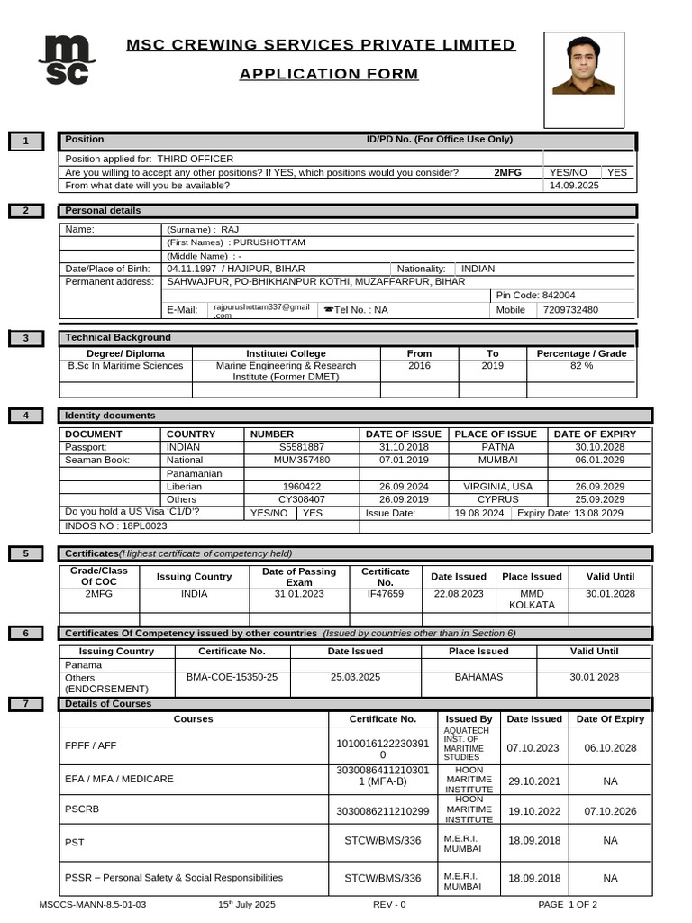 Third Officer Application Form | PDF | Water Transport | Shipping