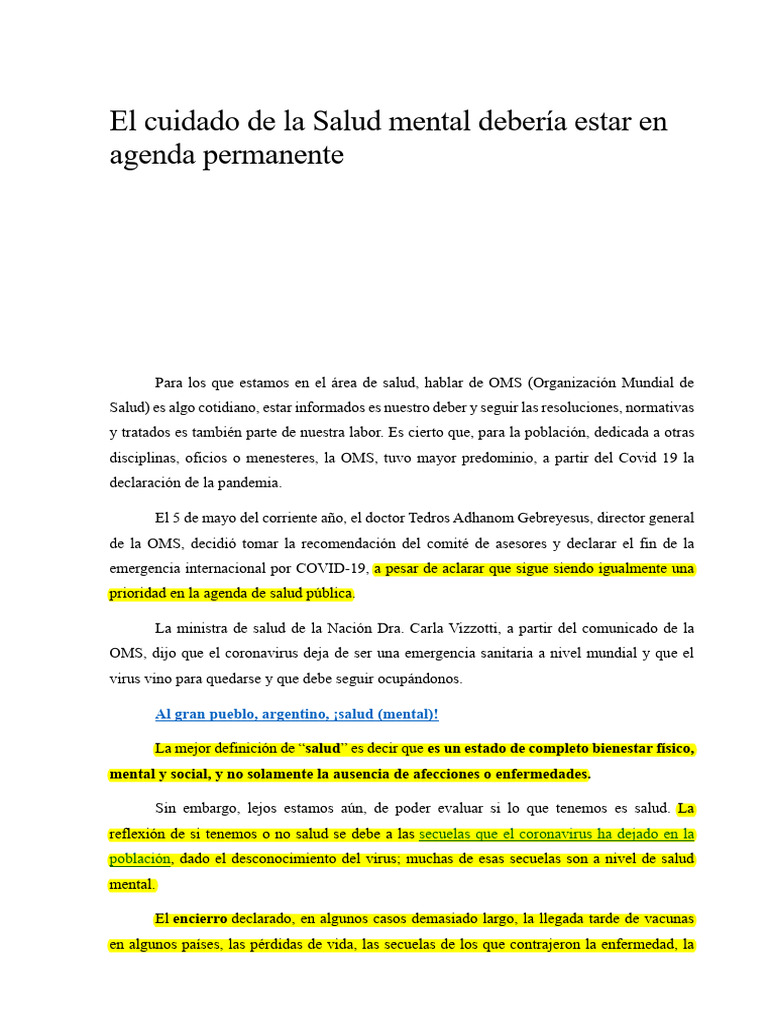 El Cuidado de La Salud Mental Debería Estar en Agenda Permanente | PDF ...