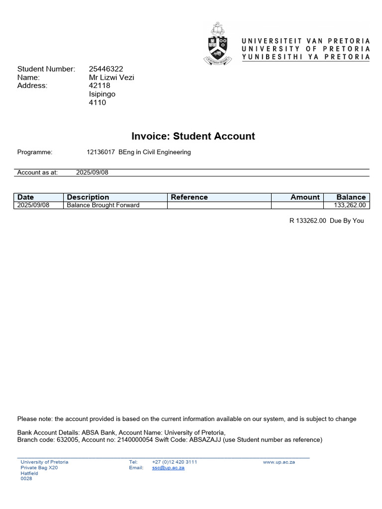 University of Pretoria Student Invoice | PDF