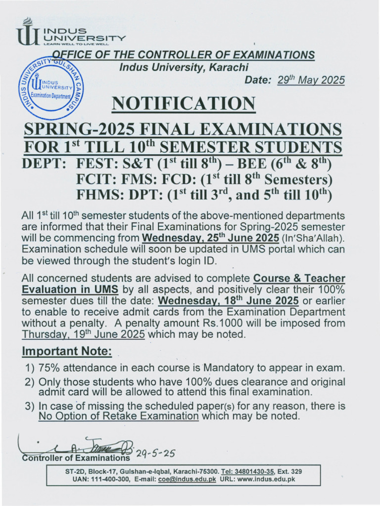 Spring 2025 Final Exam Notice | PDF