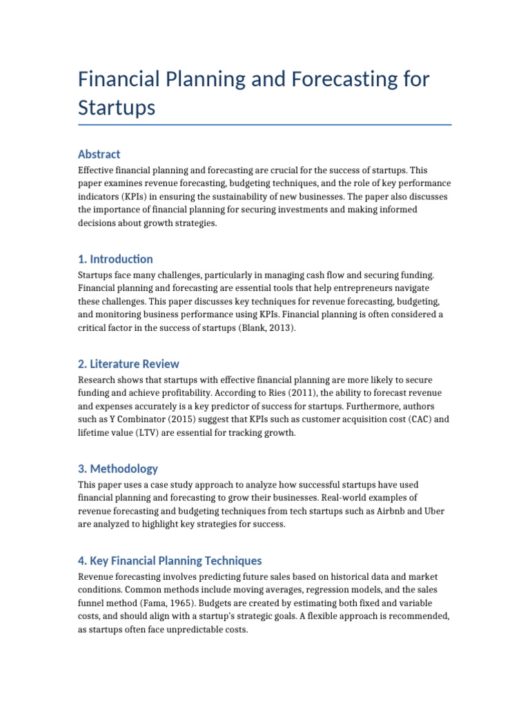 Financial Planning and Forecasting For Startups Research Paper Updated ...