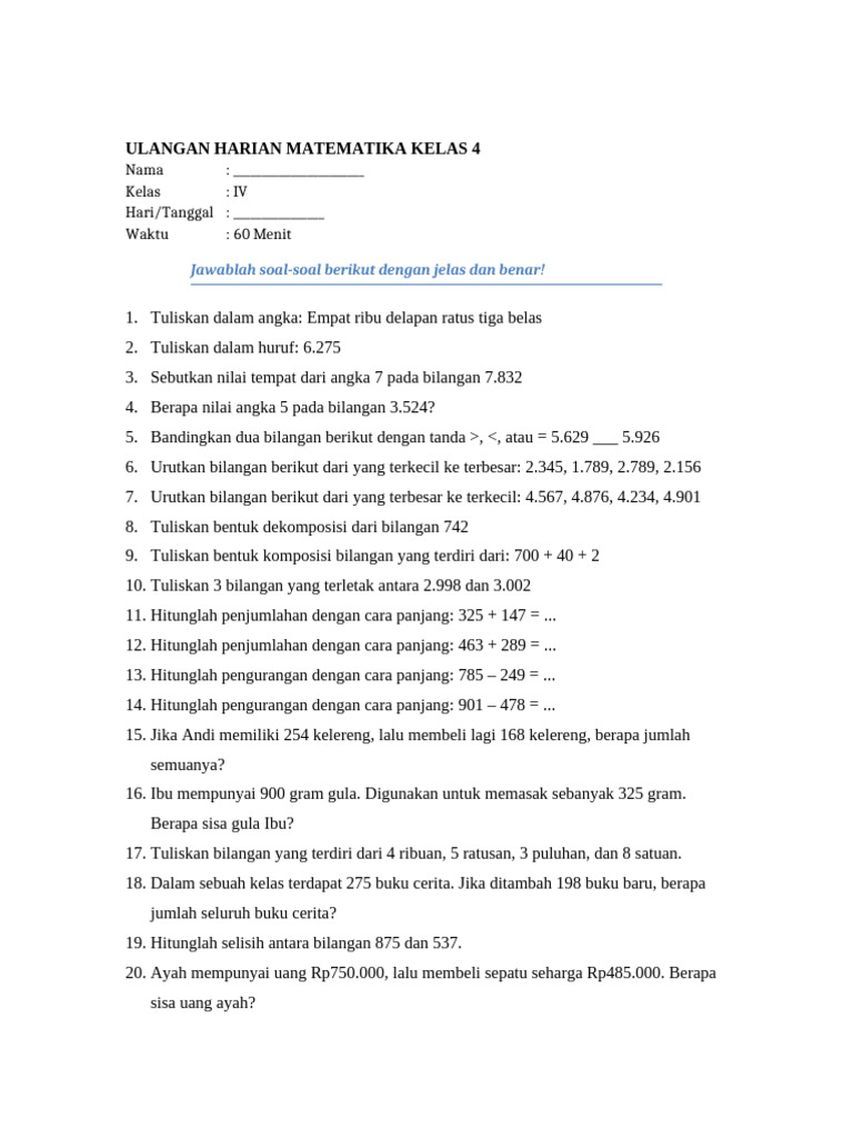 Ulangan Harian Matematika Kelas 4 | PDF