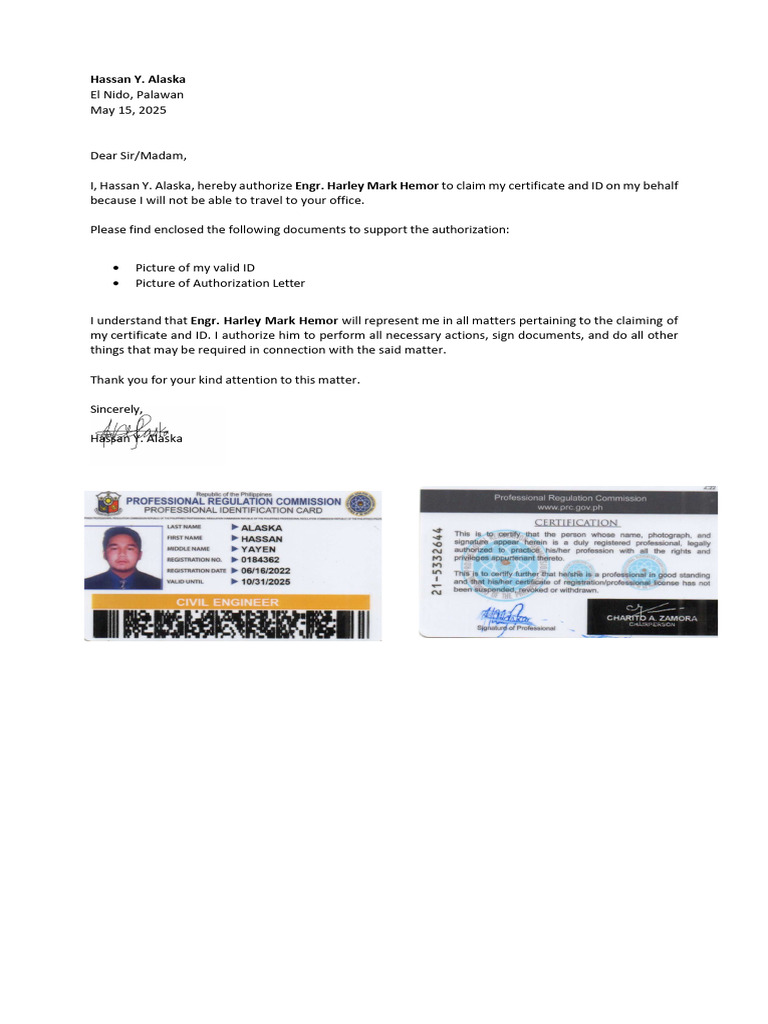 Authorization Letter for ID Claim | PDF