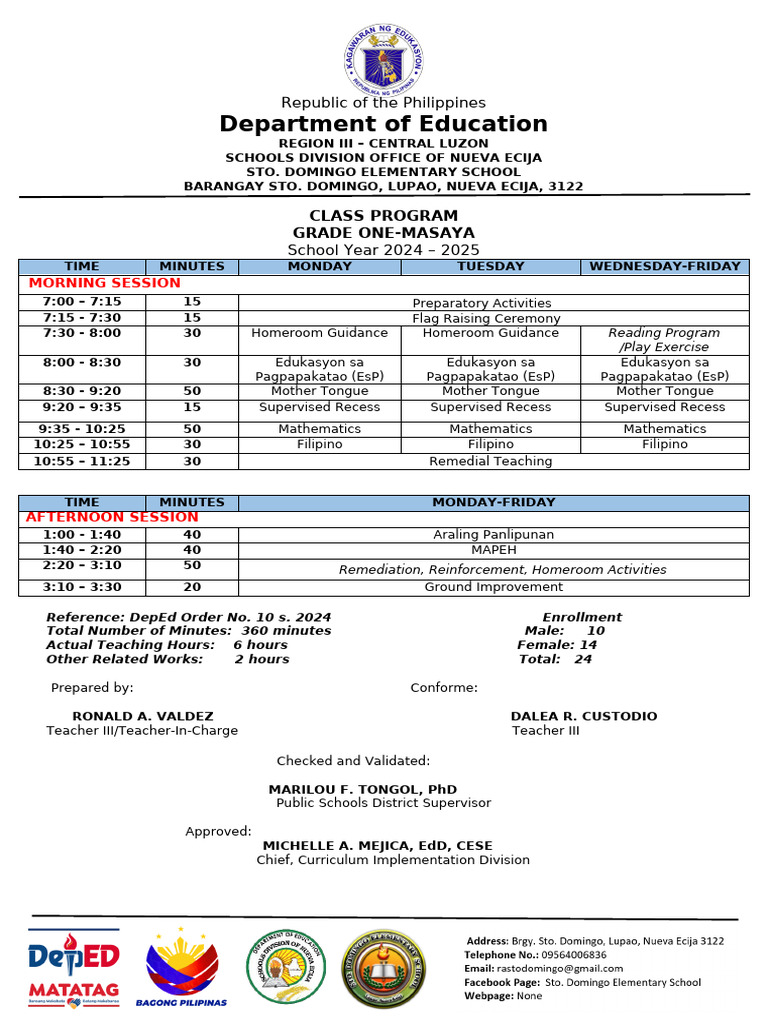 Grade 1 Class Program 2024-2025 | PDF | Schools | Philippines