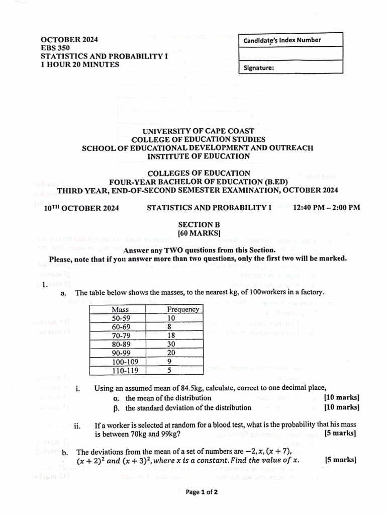 Statistics and Probability I - 2024 End of Sem - Sect B | PDF