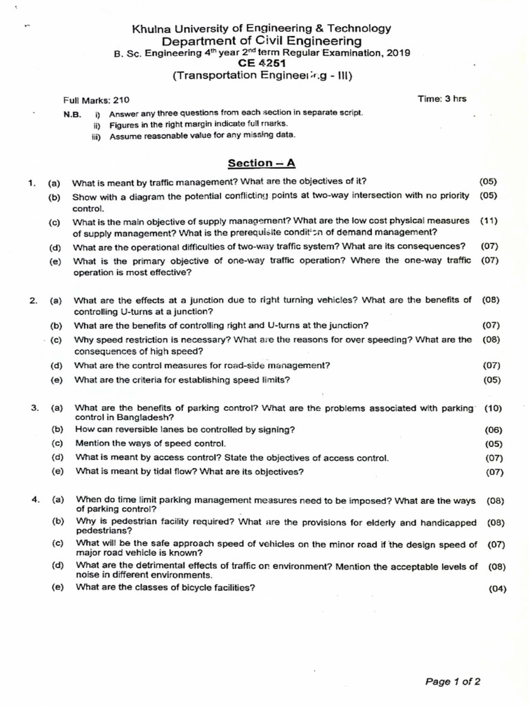 Transportation Engineering Exam 2019 | PDF | Traffic | Transport