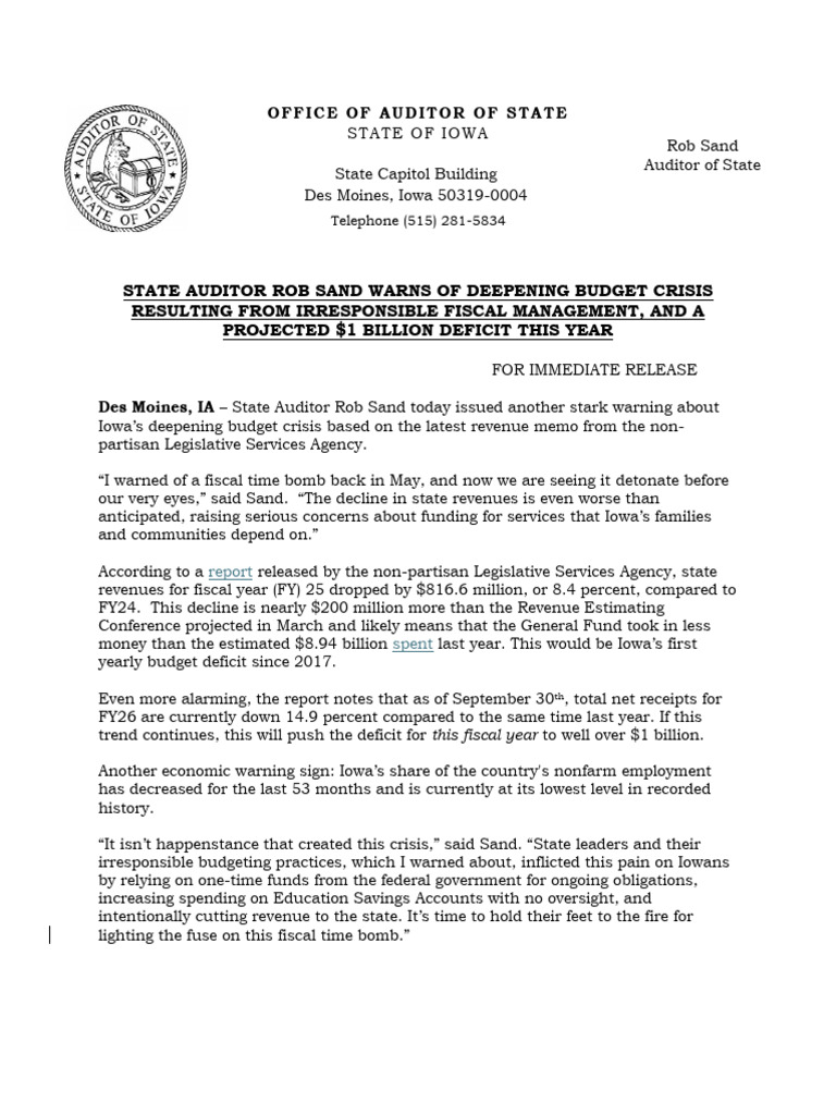 Iowa's $1 Billion Budget Deficit Warning | PDF | Iowa | Economies
