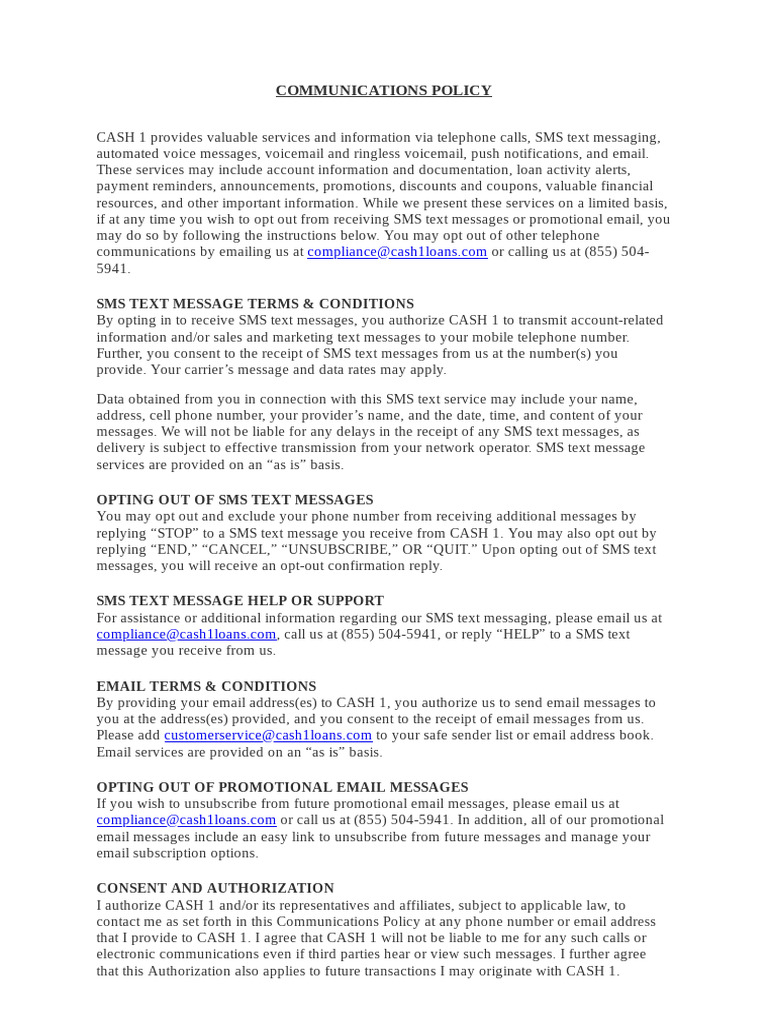CASH 1 Communications Policy Overview | PDF | Voicemail | Service ...