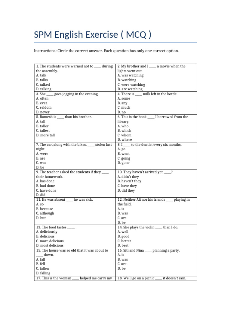 SPM English Grammar MCQ Exercise | PDF | Chess Theory | Chess