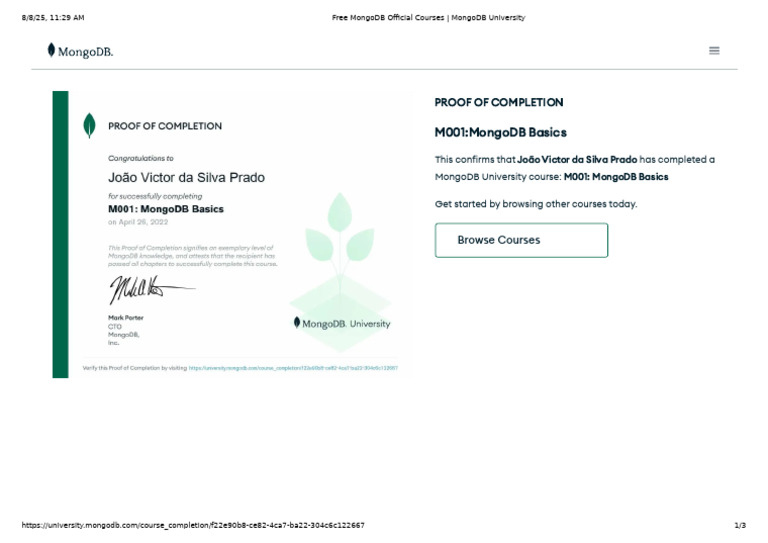 M001: MongoDB Basics Completion Proof | PDF