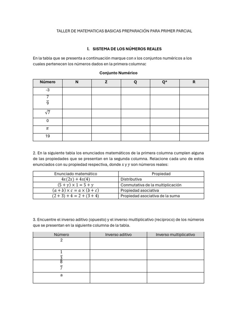 Taller de Matematicas Basicas Preparación para Primer Parcial | PDF ...