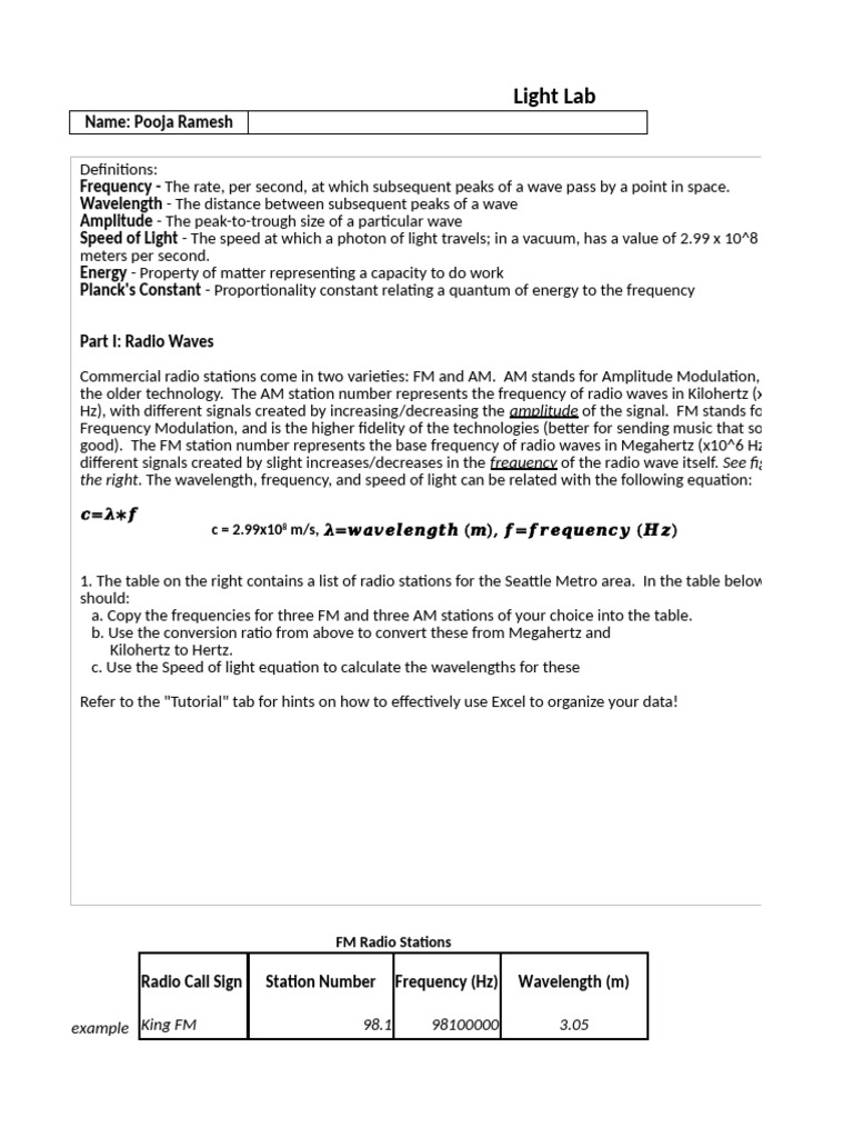Unit 4 Light Lab Nov. 4-Pooja Ramesh | PDF | Radio | Hertz
