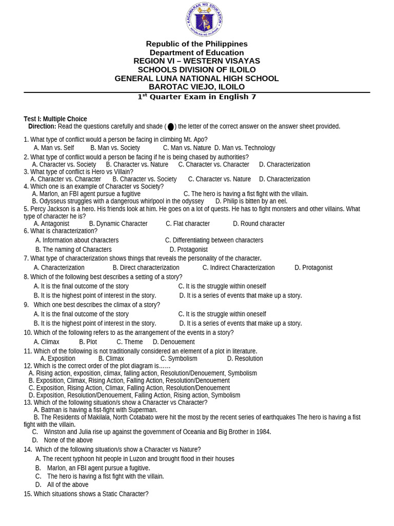 English 7 1st Quarter Exam Guide | PDF | Jack And The Beanstalk