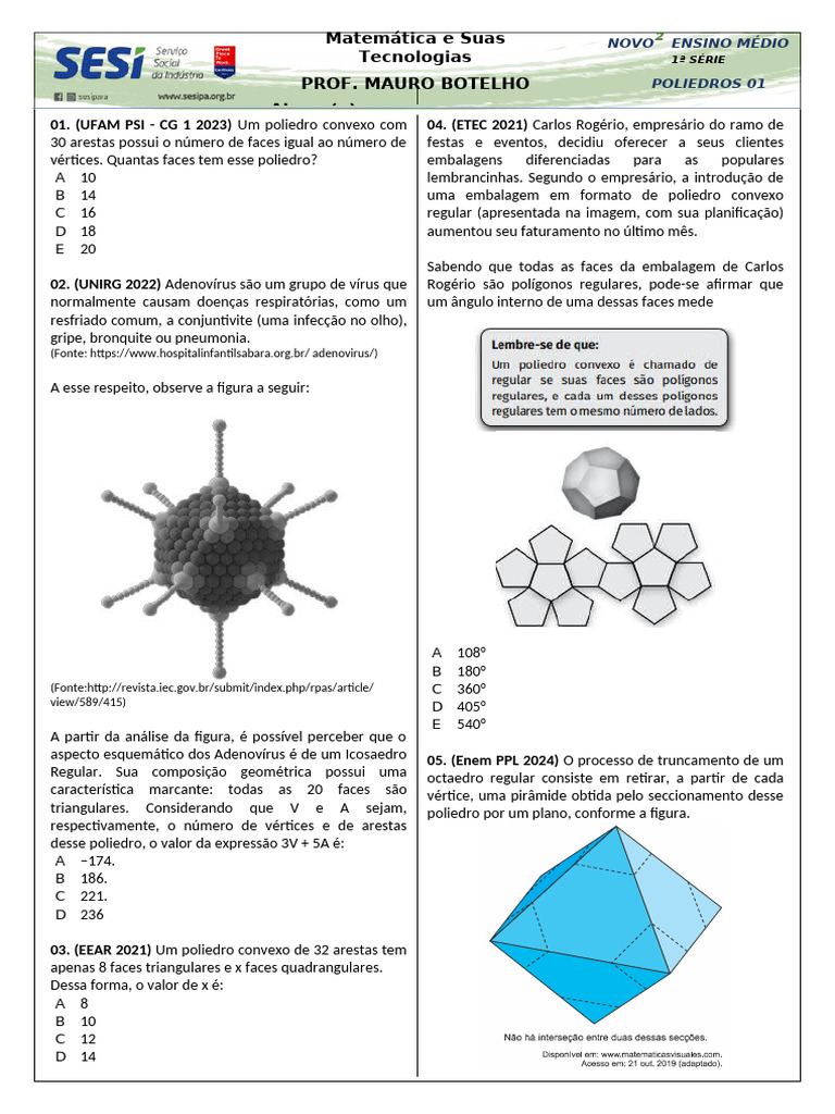 Questões sobre Poliedros e Geometria | PDF | Vértice (Geometria) | Polítopo