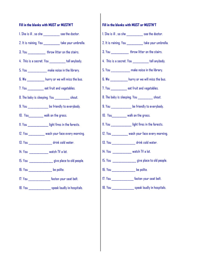 Must or Mustn't: Fill in the Blanks Exercise | PDF