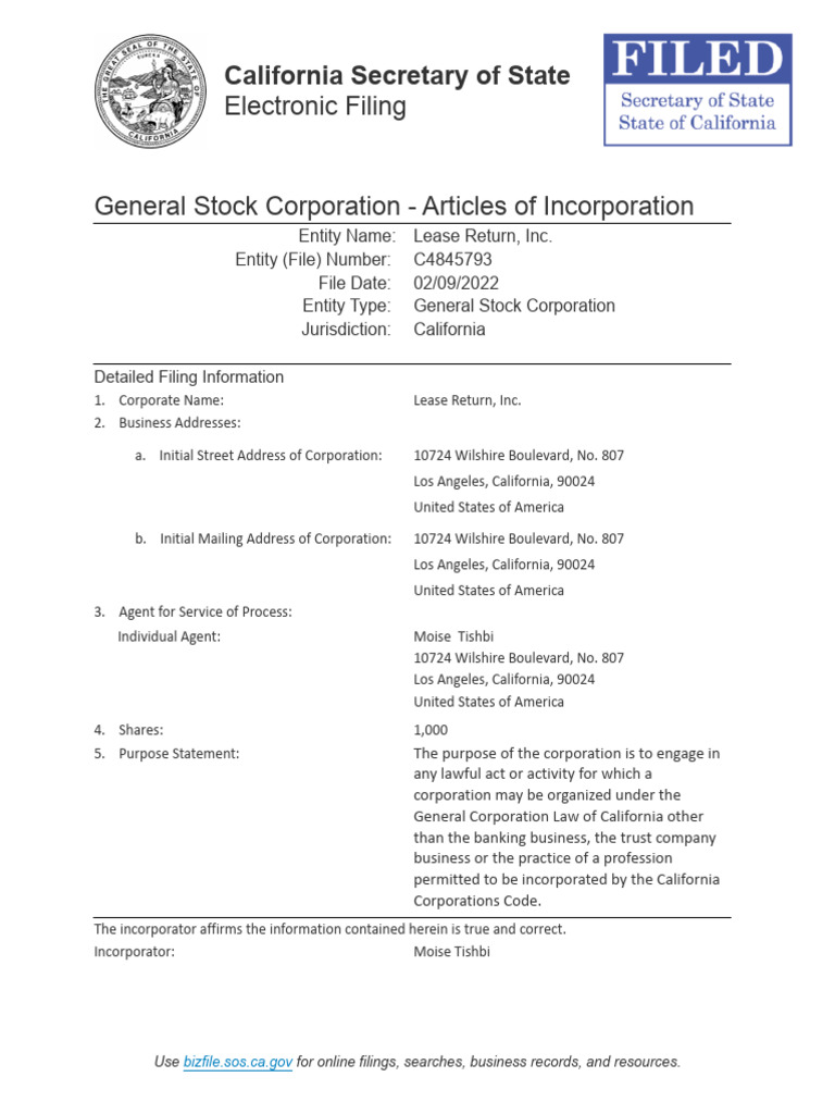 Electronic Filing: California Secretary of State | PDF