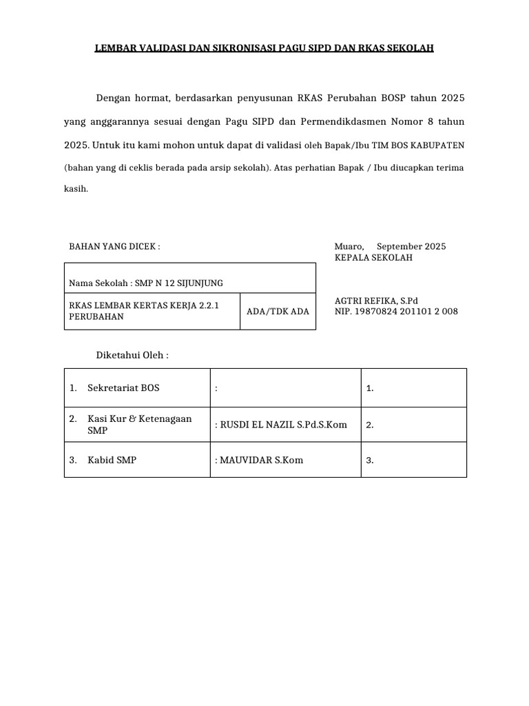 Validasi Pagu SIPD dan RKAS 2025 | PDF