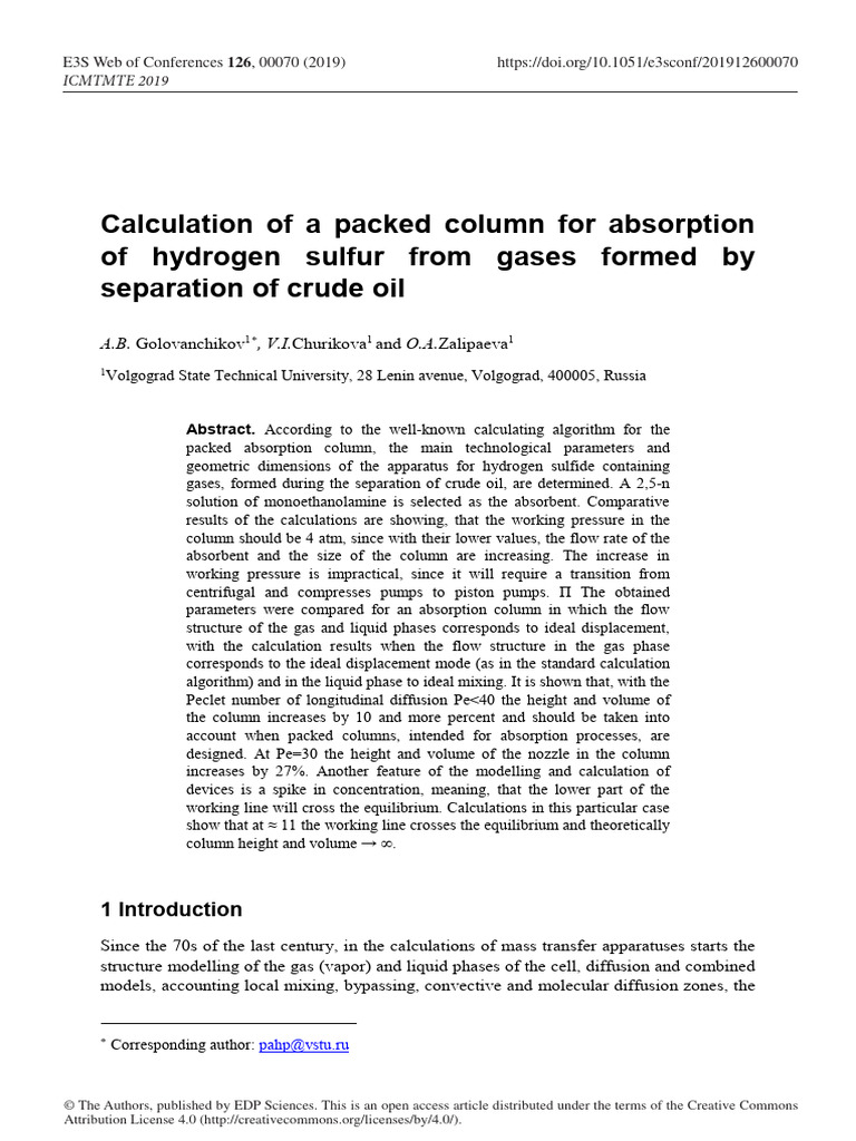 Packed Column Design for H2S Absorption | PDF | Diffusion | Gases
