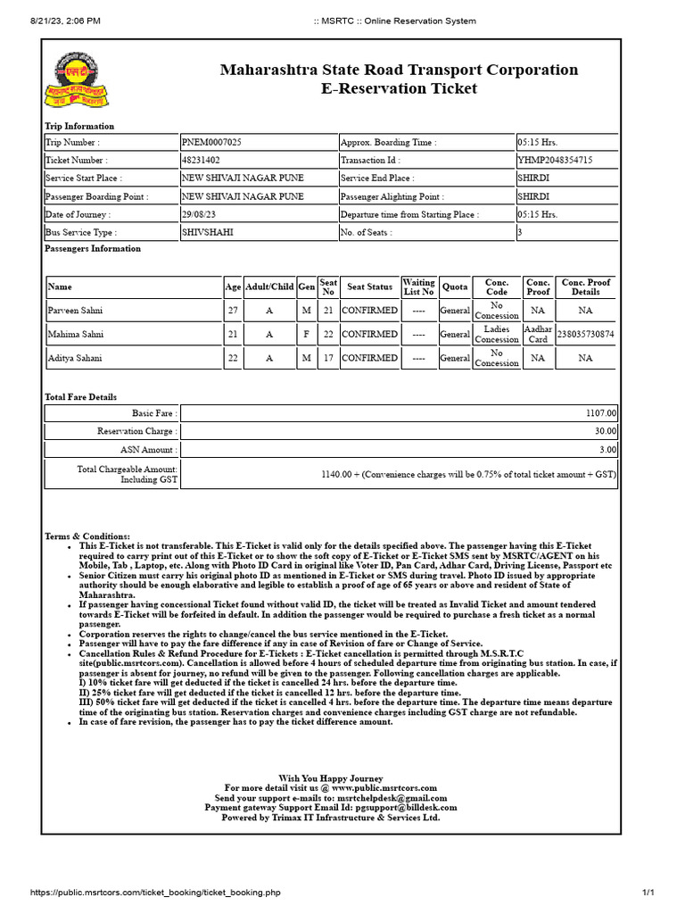 MSRTC E-Reservation Ticket Details | PDF | Fare | Transport