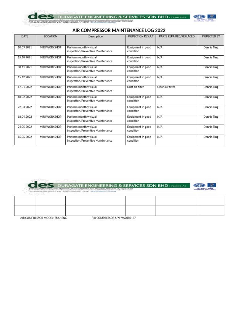 2022 Air Compressor Maintenance Log | PDF