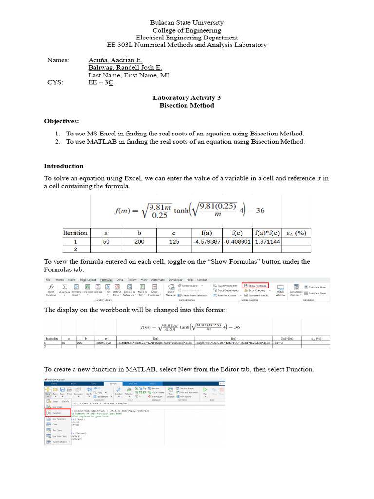 Bisection Method Lab Using Excel & MATLAB | PDF | Numerical Analysis ...