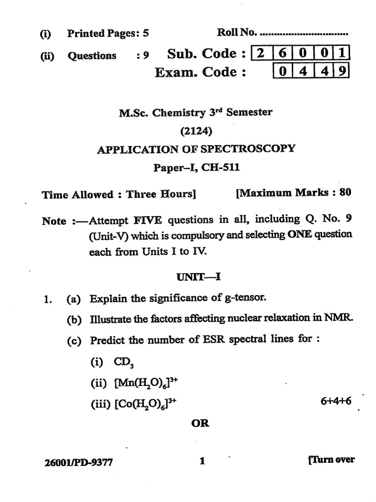 MSC Chemistry 3rd Sem Paper I CH 511 Application of Spectroscopy ...