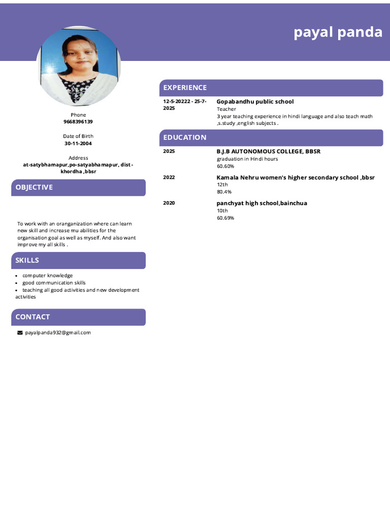 Resume For Job B Vihar Payal Panda | PDF