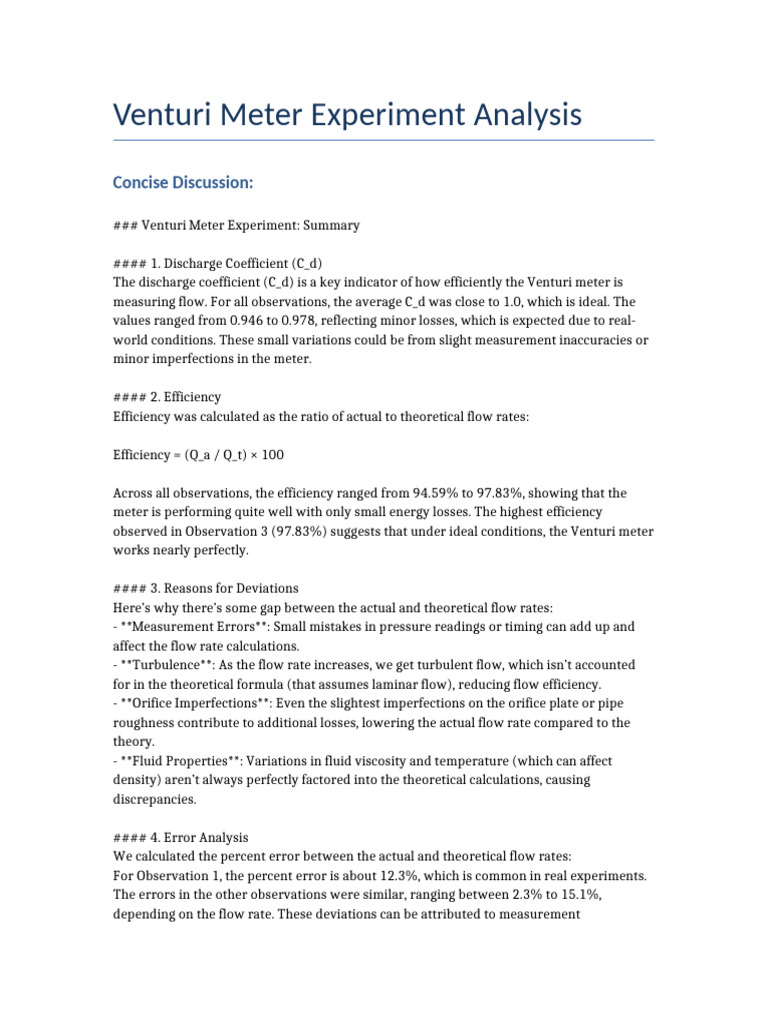 Venturi Meter Experiment Efficiency Analysis | PDF | Flow Measurement ...