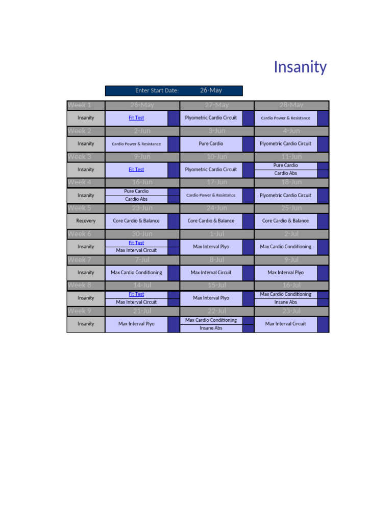 Insanity Workout Calendar Overview | PDF | Management Of Obesity ...