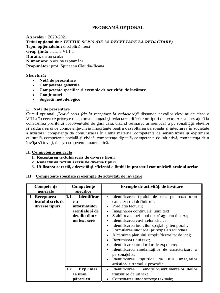 Programa de Optional Textul Scris de La Receptare La Redactare | PDF