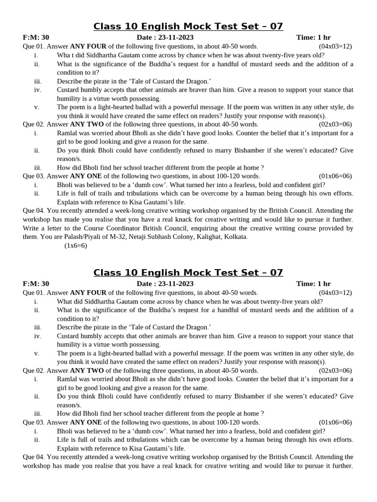 Class 10 English Mock Test Set - 07 23-11-23 | PDF | Spirituality