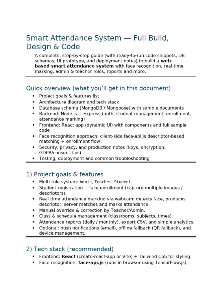 Smart Attendance System Guide | PDF | Mongo Db | Client–Server Model