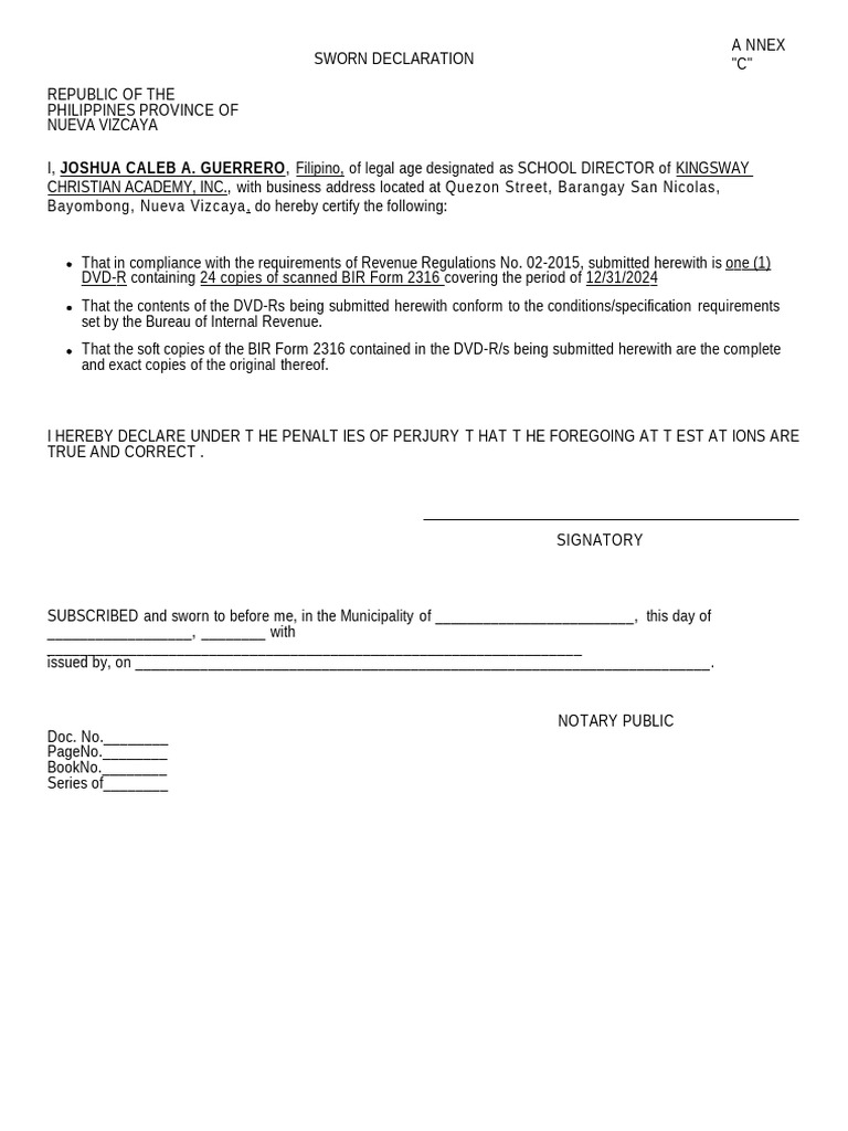 Sworn Declaration for BIR Compliance | PDF