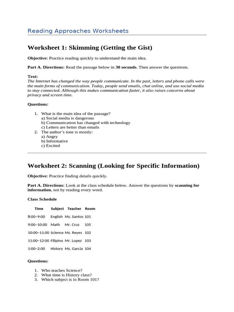 Reading Approaches Worksheets | PDF