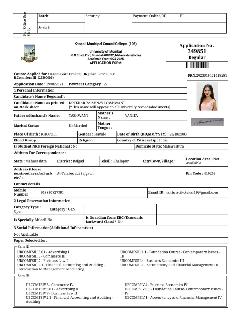 B.Com Application Form 2024-2025 | PDF