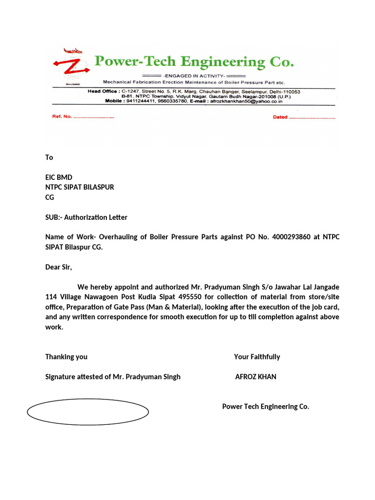 Authorization Letter for Boiler Work | PDF