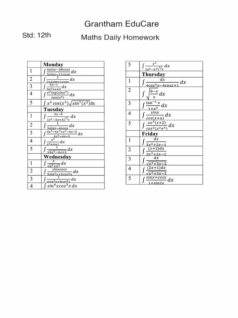 12th Grade Maths Daily Homework | PDF