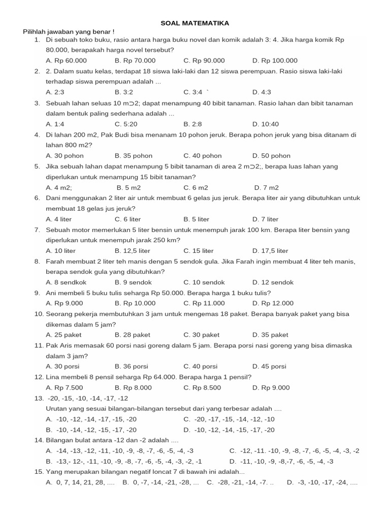 Soal Matematika Rasio dan Perhitungan | PDF