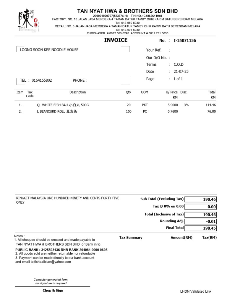 Invoice for Loong Soon Kee Noodle House | PDF | Dollar | Malaysia