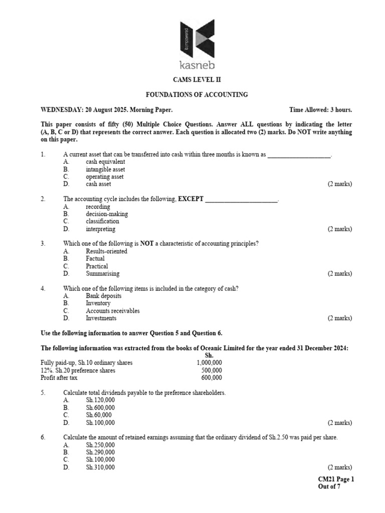 CAMS Level II Accounting Exam Paper | PDF | Debits And Credits ...