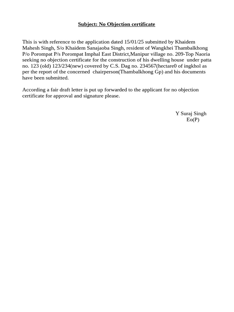 No Objection Certificate Application | PDF