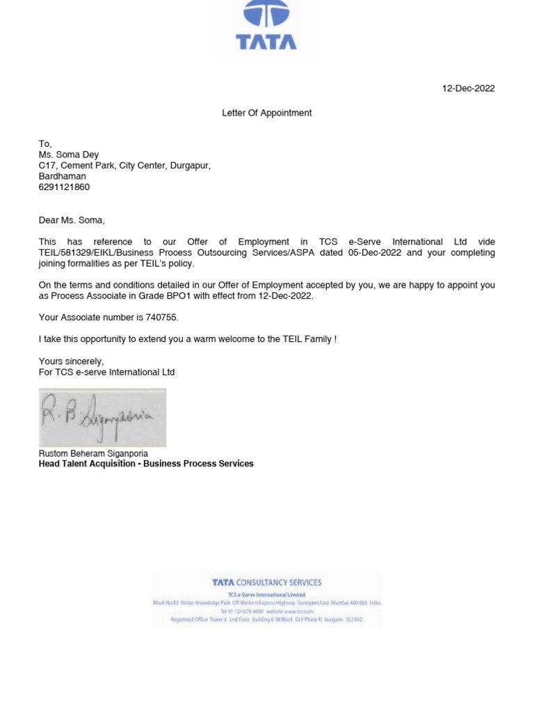Appointment Letter for Process Associate | PDF