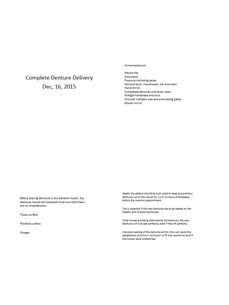 Complete Denture Delivery Process | PDF | Dentures | Tooth