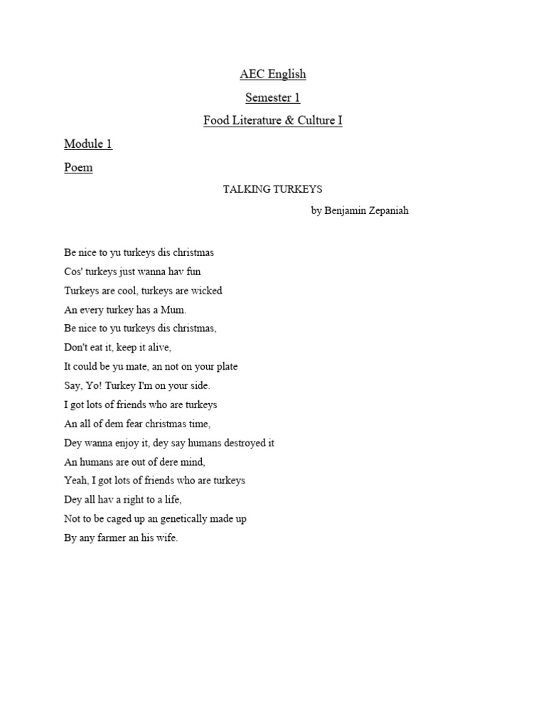 Talking Turkeys Poem - AEC Food | PDF