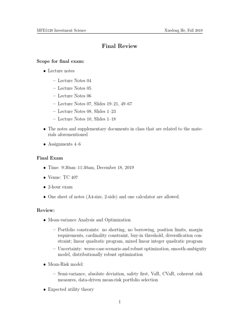 MFE5120 Investment Science Final Review | PDF | Capital Asset Pricing ...