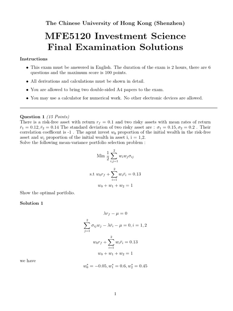 MFE5120 Investment Science Exam Solutions | PDF | Capital Asset Pricing ...