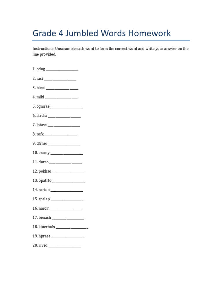 Grade 4 Jumbled Words Exercise | PDF