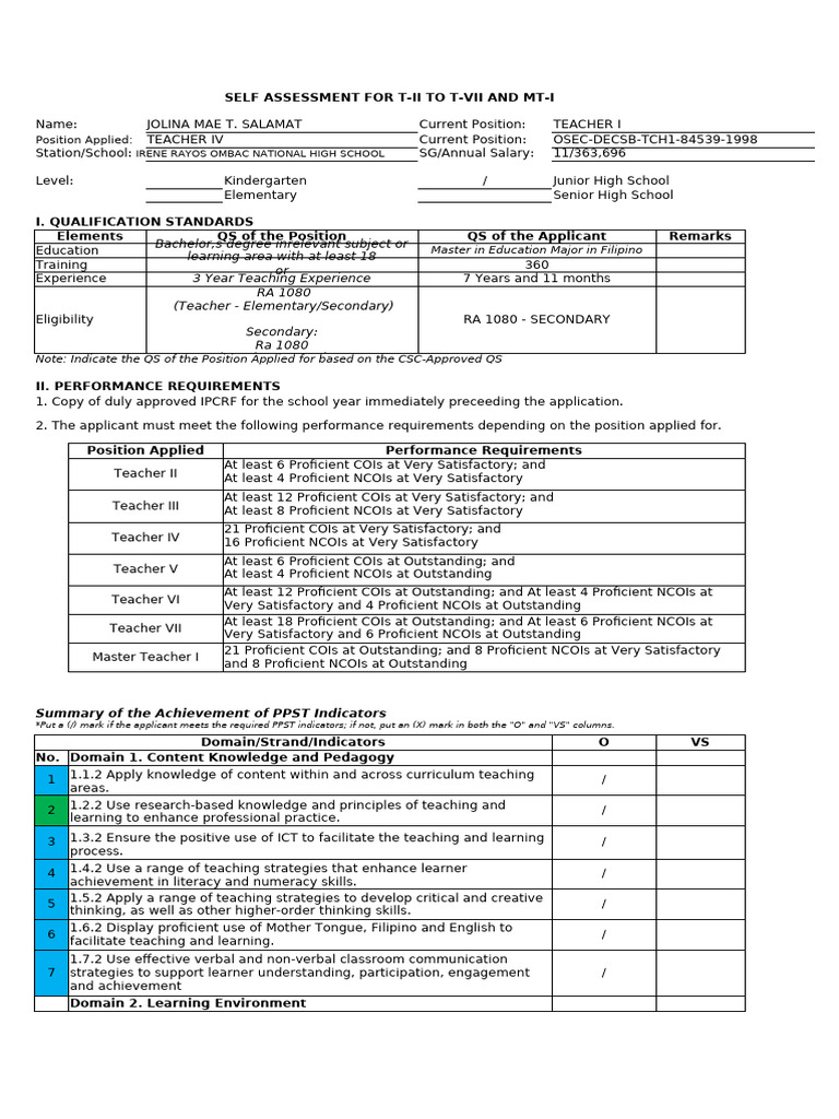 Teacher IV Application Self-Assessment | PDF | Educational Assessment ...