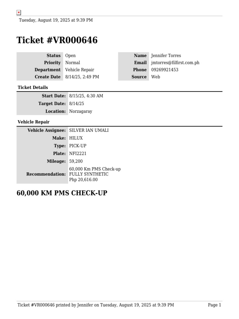 Vehicle Repair Ticket #VR000646 Details | PDF