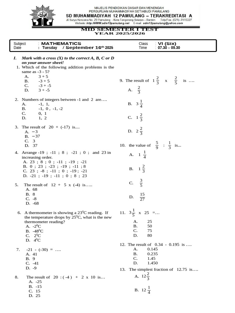 Mathematics Mid-Semester Test 2025 | PDF | Arithmetic | Mathematics